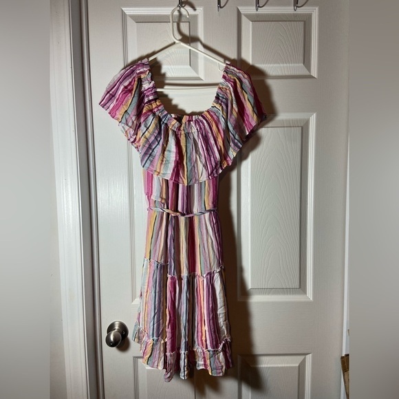 new ODDY Pastel Multi-Color Flutter Sleeve Stretch Waist stripe dress small - Picture 1 of 8